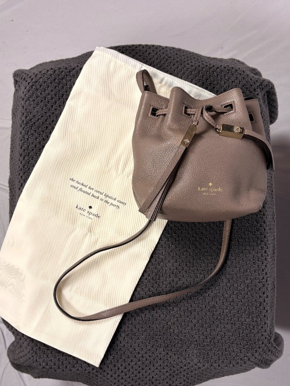 Kate Spade | Pebbled Leather Mini Bucket Bag |Taupe |Drawstring Crossbody Tassel